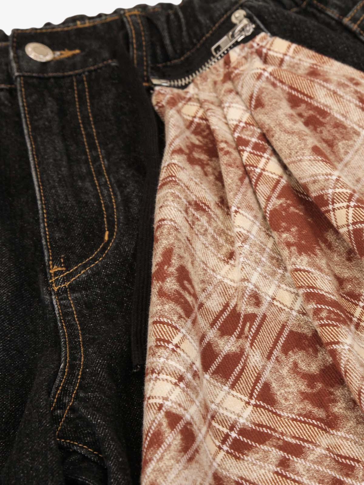 Patchwork Plaid Pleated Baggy Barrel Jeans - 2334 