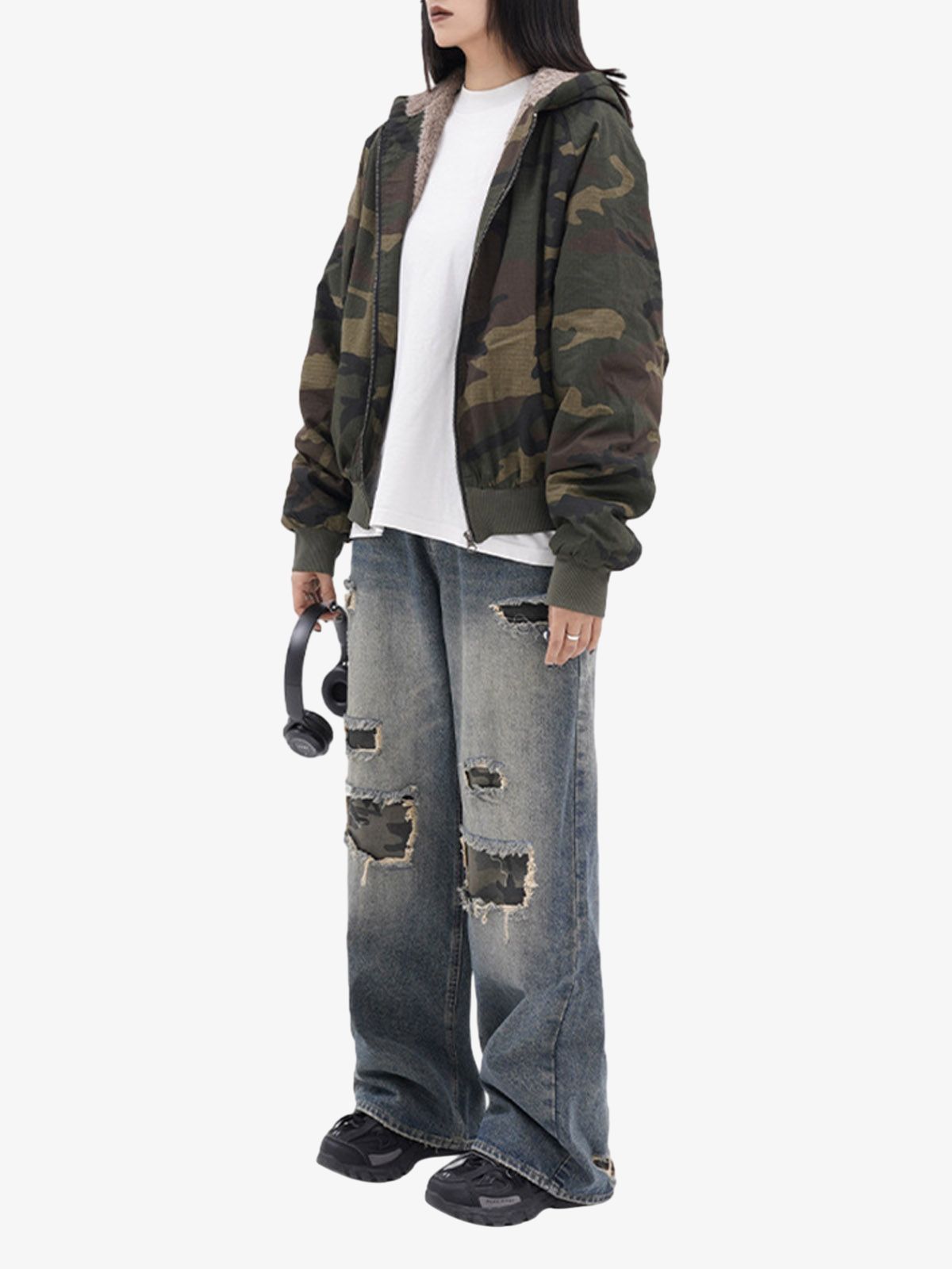 Thesupermade Camouflage Fleece Hooded  Jacket 