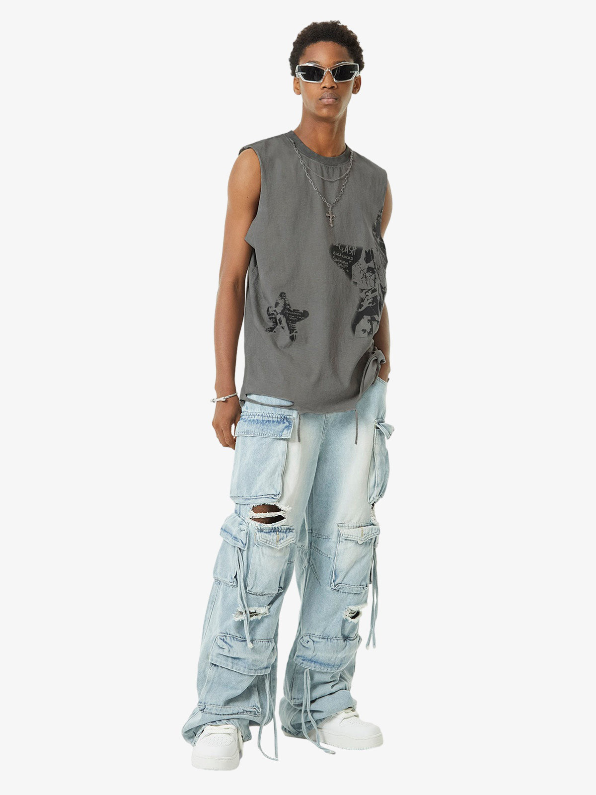 Thesupermade Vintage Necklace Star Print Hip-hop Tank Top - 2070 