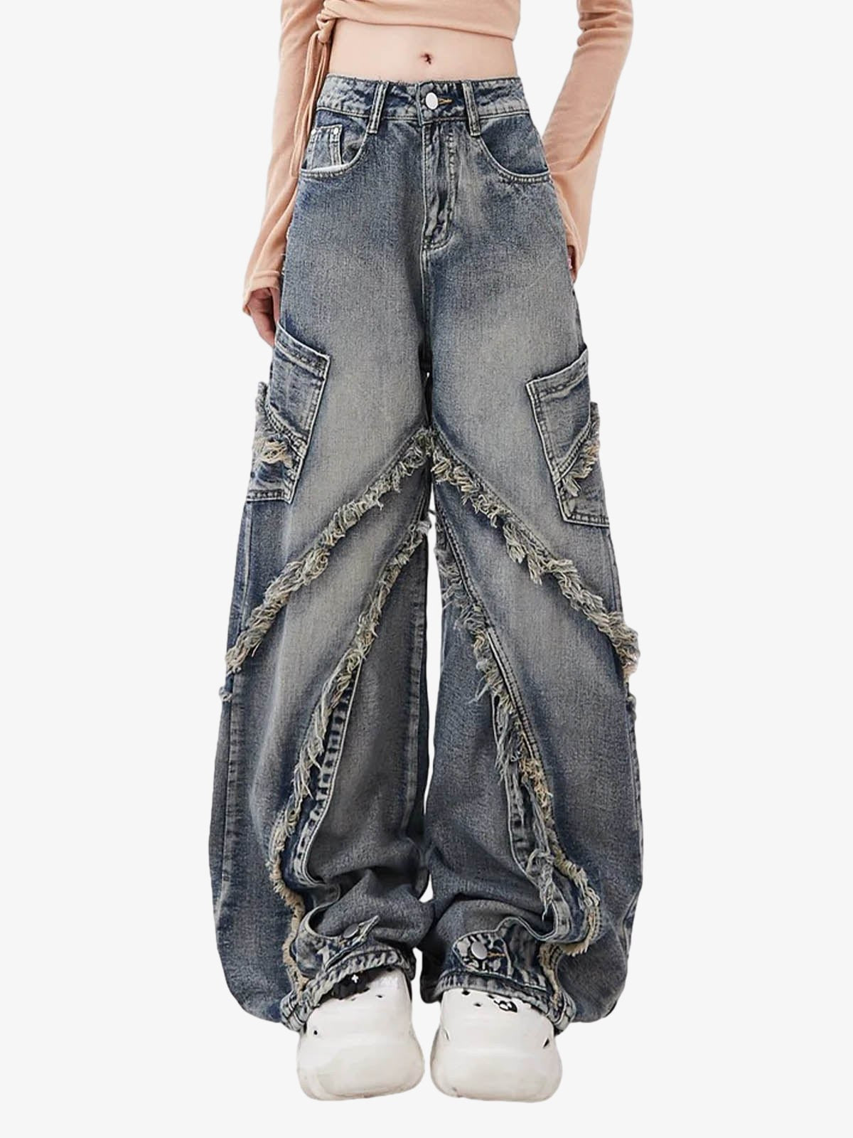 Thesupermade Washed Side Pocket Raw Edge Baggy Jeans - 2303 