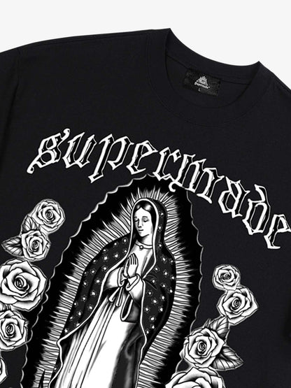 Original Retro Gothic Virgin Mary Floral Print T-Shirt 