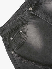 Washed Distressed Raw Edge Barrel Jeans - 2402 