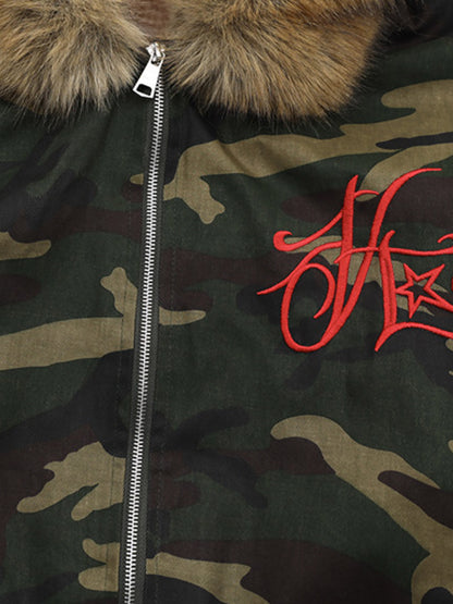 Embroidered Detachable Fur Hooded Jacket 