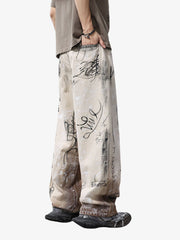 Distressed Washed Graffiti Baggy Jeans 