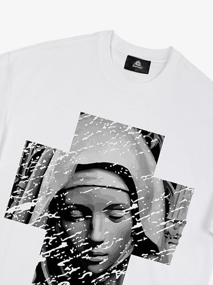 Original Retro Virgin Mary Mottled Cross Print T-Shirt 