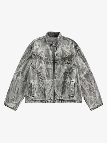 Thesupermade Hip-hop Distressed Washed Printed Denim Jacket - 2239 