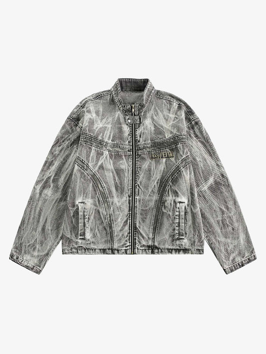 Thesupermade Hip-hop Distressed Washed Printed Denim Jacket - 2239 