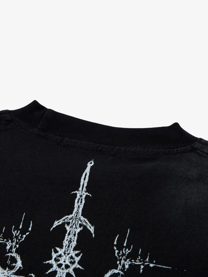 Heavy Cotton Washed Cross Shield Print T-shirt 