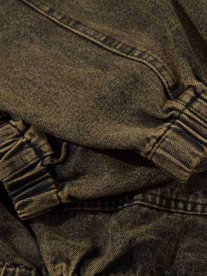 Washed Distressed Letter Embroidered Denim Hoodie 