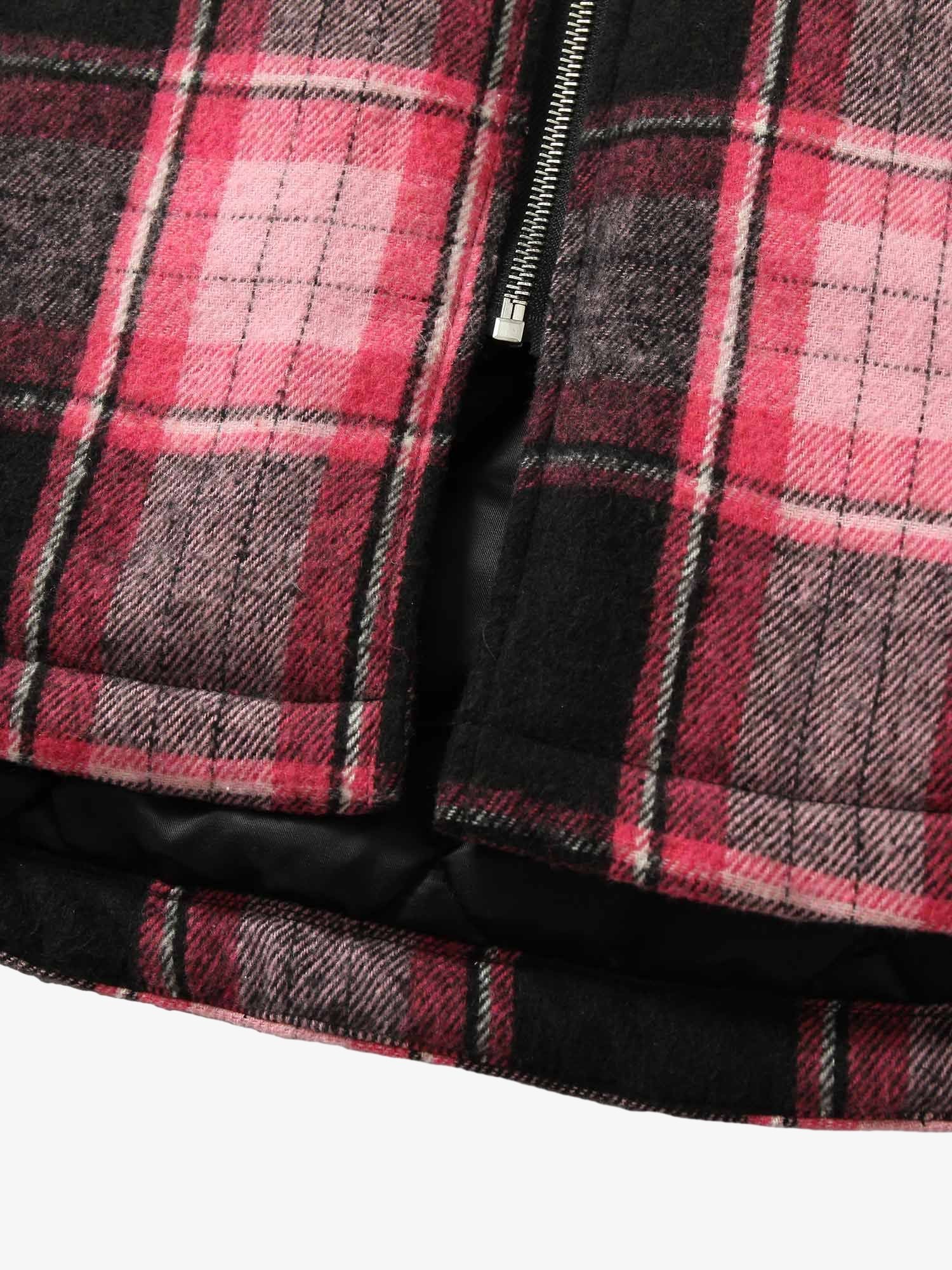Thesupermade Beaded Fur Collar Padded Plaid Jacket 
