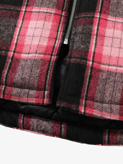Thesupermade Beaded Fur Collar Padded Plaid Jacket 
