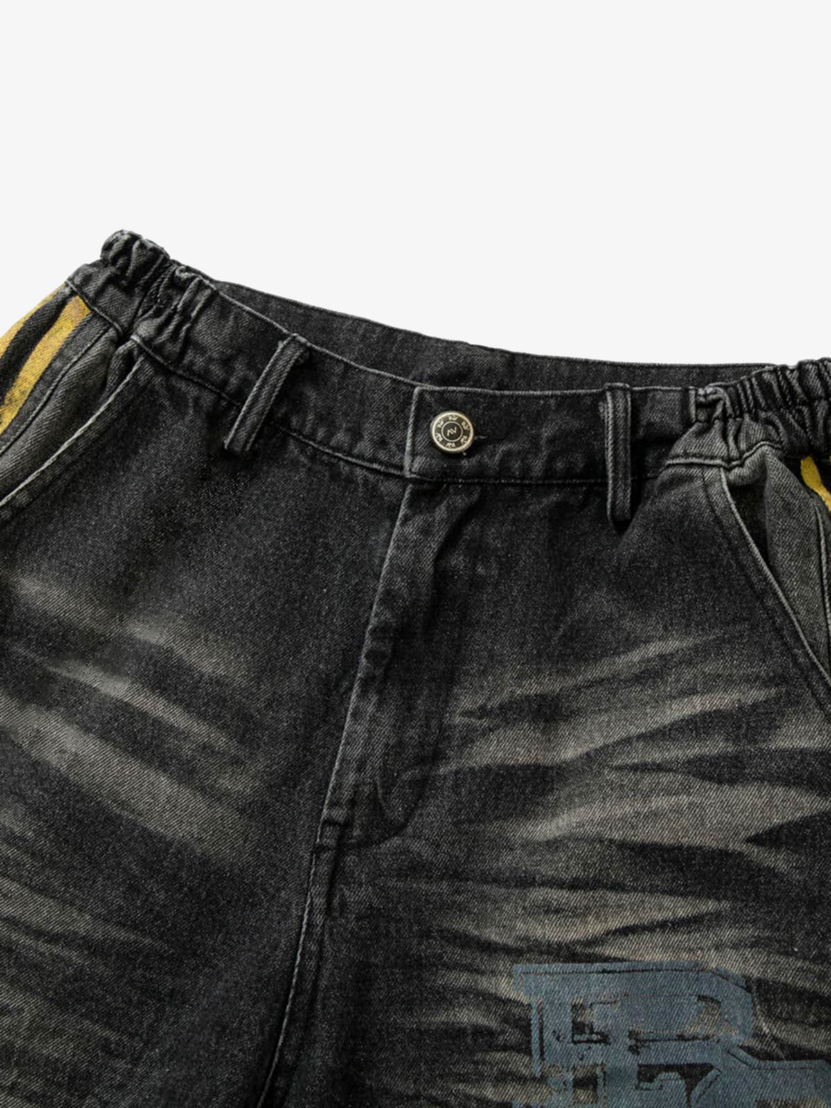 Distressed Striped Side Chain Patchwork Ripped Straight Jeans - 2391 