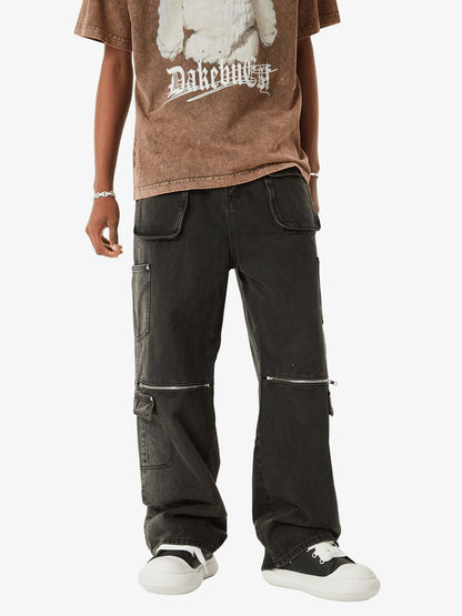 Thesupermade Multi-pocket Zipper Design Washed Hip-Hop Jeans - 2112 