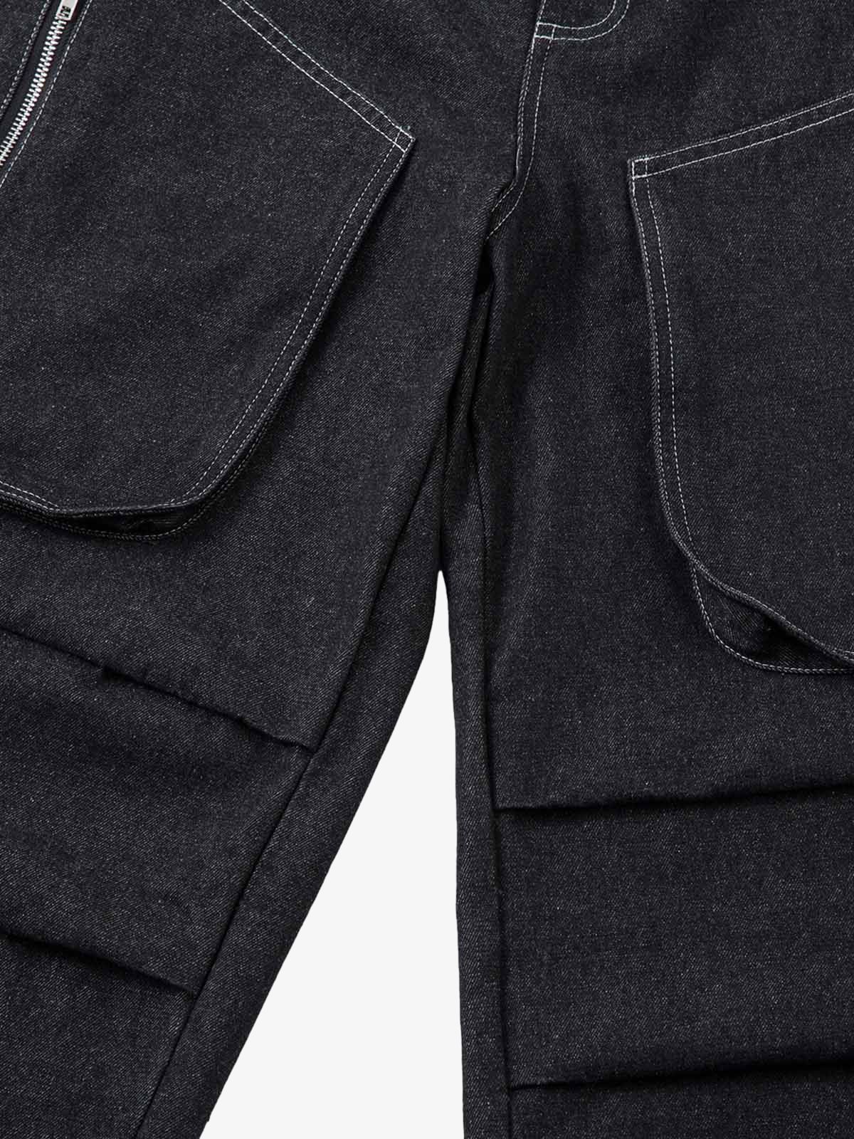 Deconstructed Split Topstitched Pleated Pocket Jeans 