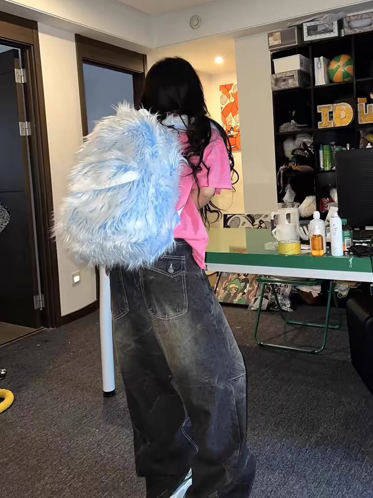 Snow Monster Contrast Ice Blue Furry Backpack 