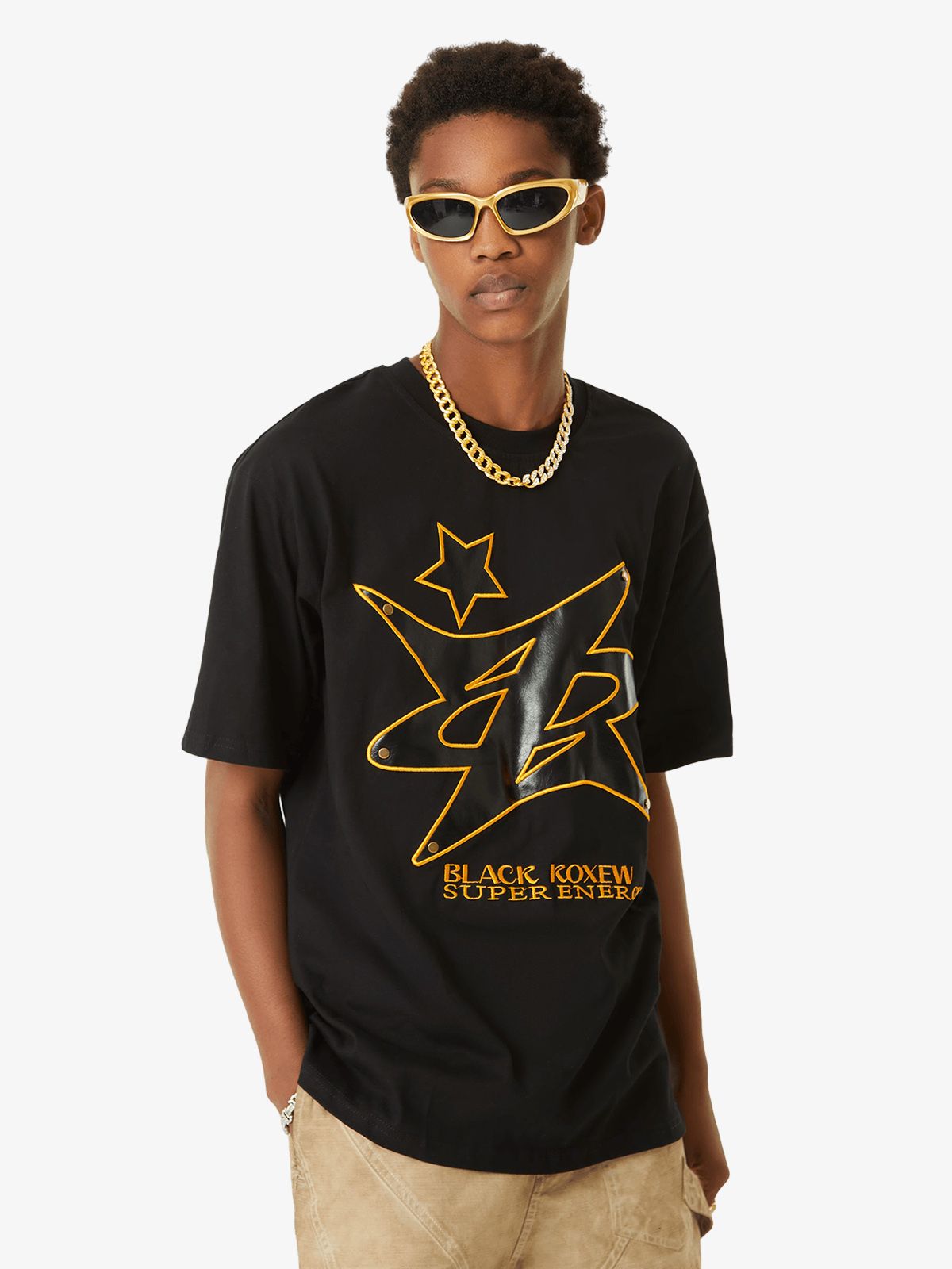 Thesupermade Leather Studded Creative Star Street Rap T-shirt 