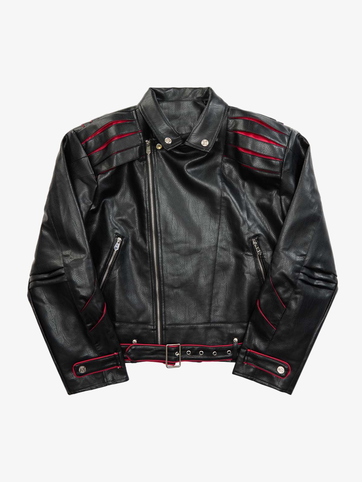 Thesupermade Paneled Spine Pleated Cropped Leather Biker Jacket 