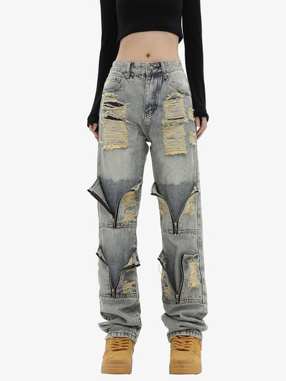 High Street Washed And Torn Work Pockets Denim Pants- 1646 