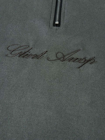 Retro Quarter Zip Up Suede Embroidered T-shirt 