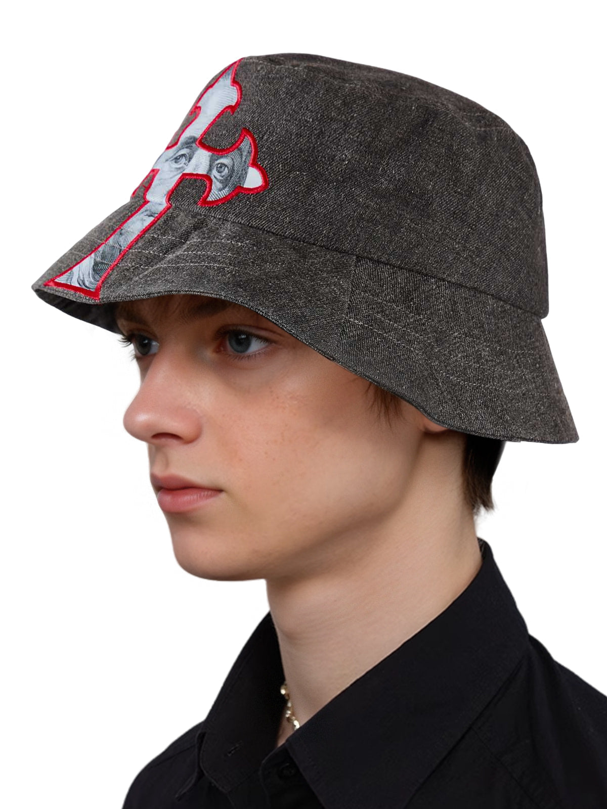 Cross And Portrait Denim Bucket Hat 