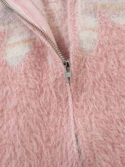 Thesupermade Flame Embroidery Fuzzy Zipper Sweater 