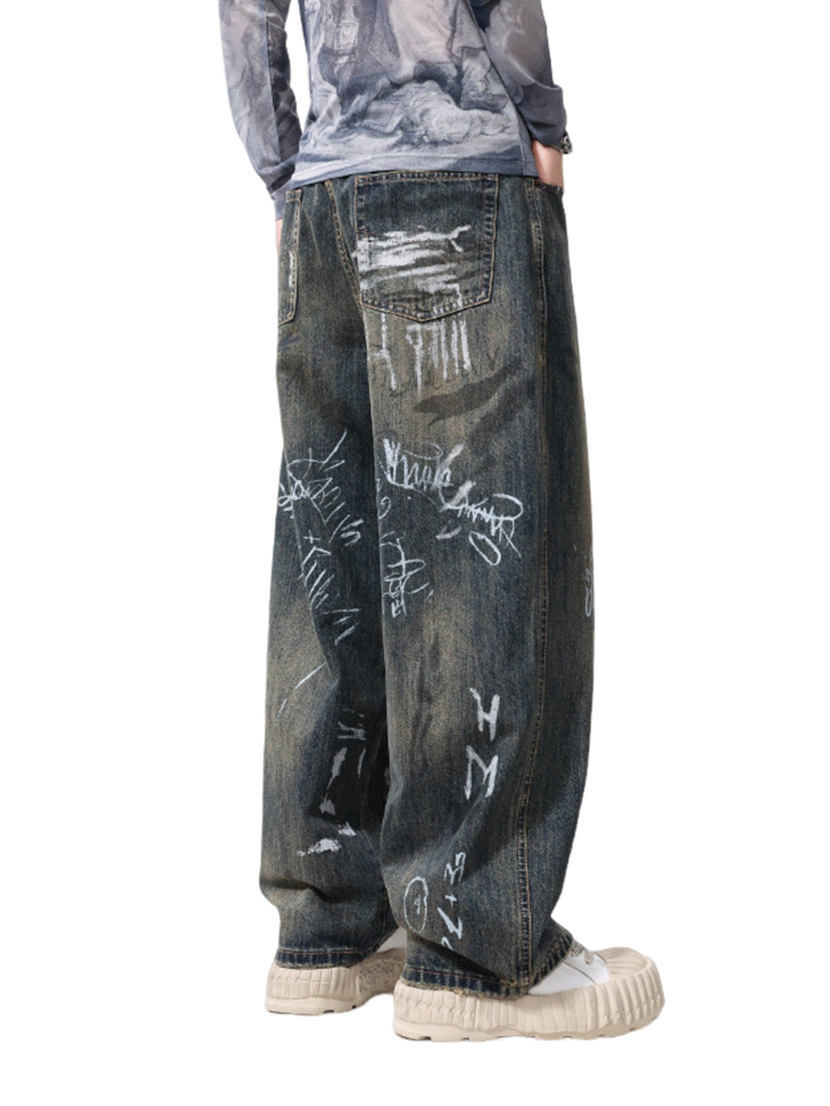 Print Hand-Painted Graffiti Drawstring Baggy Jeans 