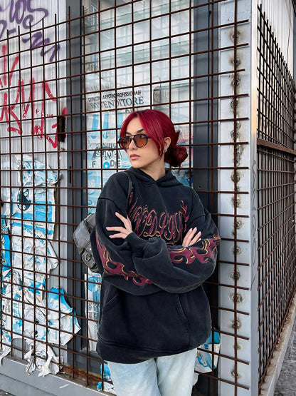 Thesupermade Flame Letter Washed Hooded Sweatshirt - 2216 