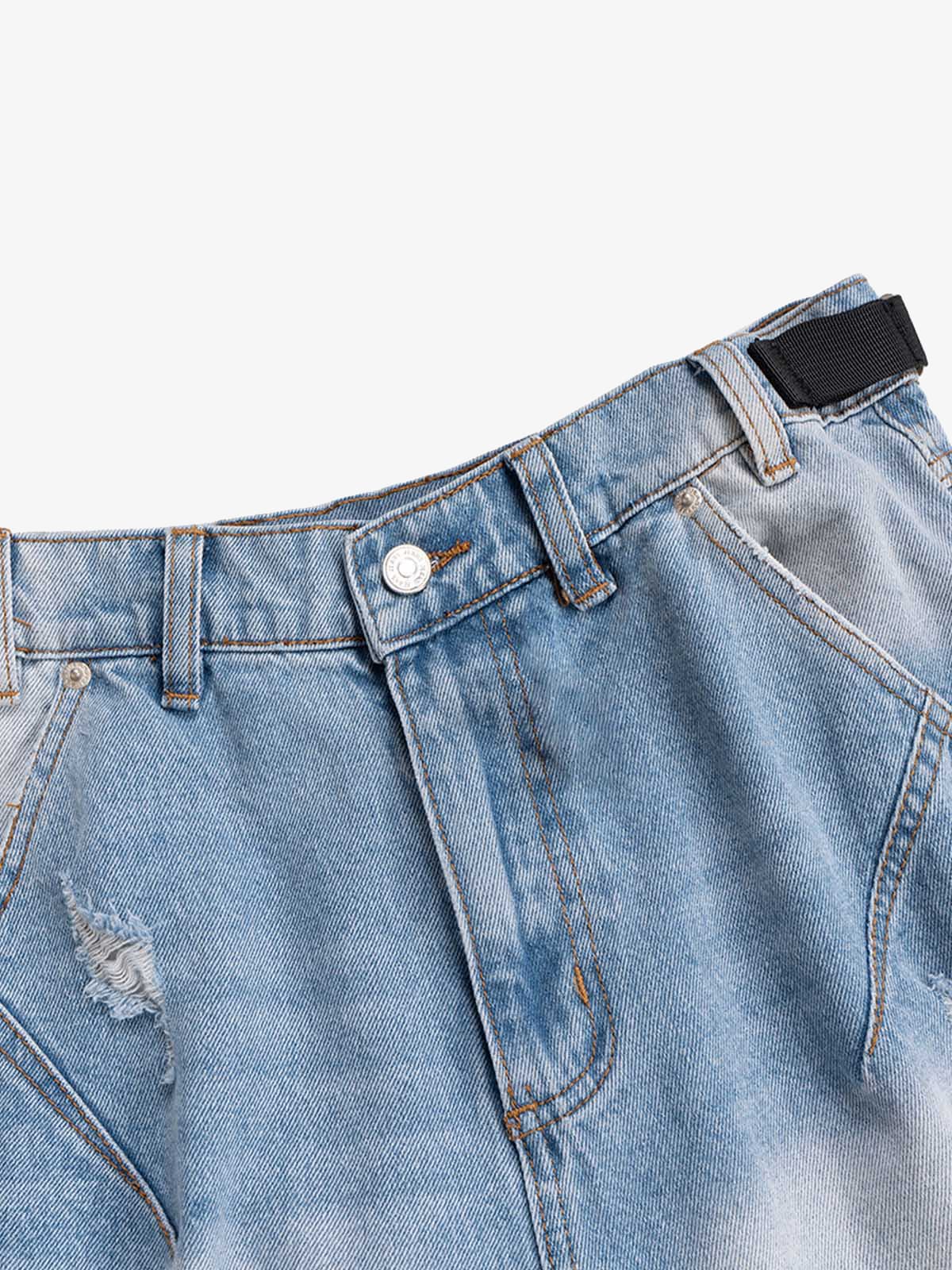 Ripped Washed Tassel Cargo Denim Shorts 