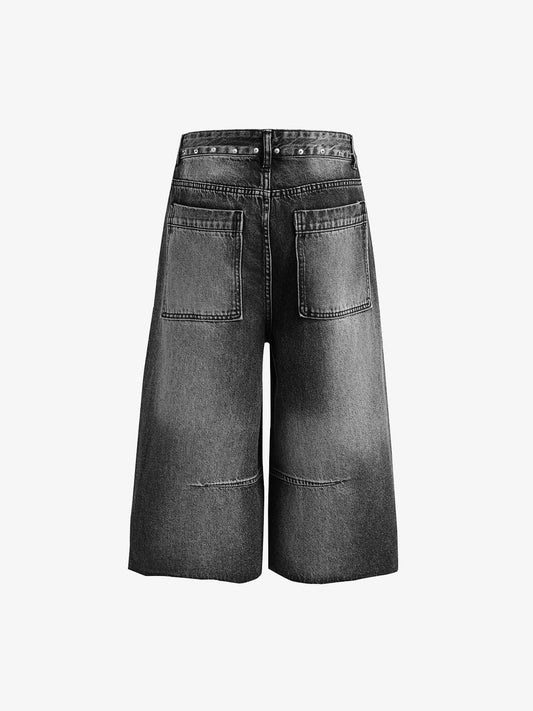 Washed Distressed Rivet Denim Cropped Jorts 