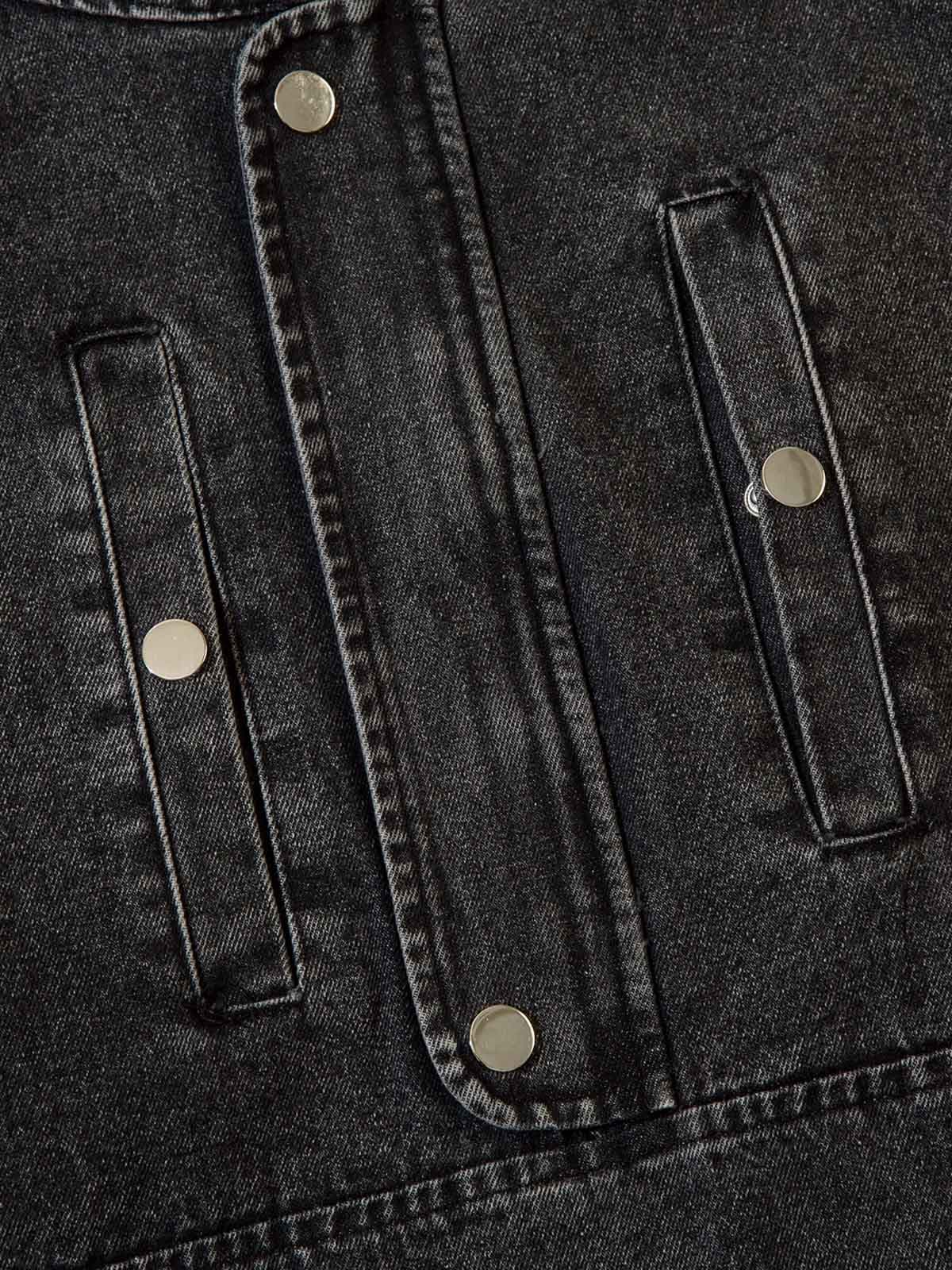 Washed Distressed Metal Zipper Hooded Denim Sweatshirt 