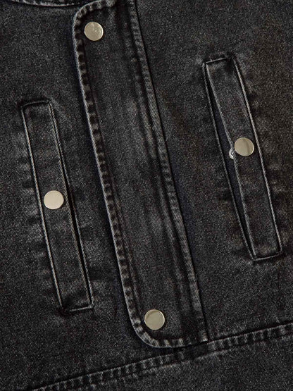 Washed Distressed Metal Zipper Hooded Denim Sweatshirt 