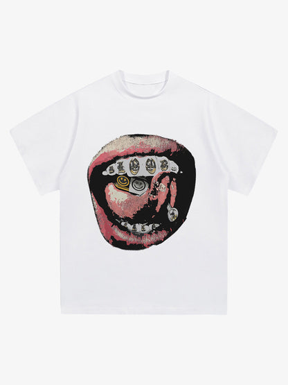 Street Retro Washed Lip Print T-shirt 