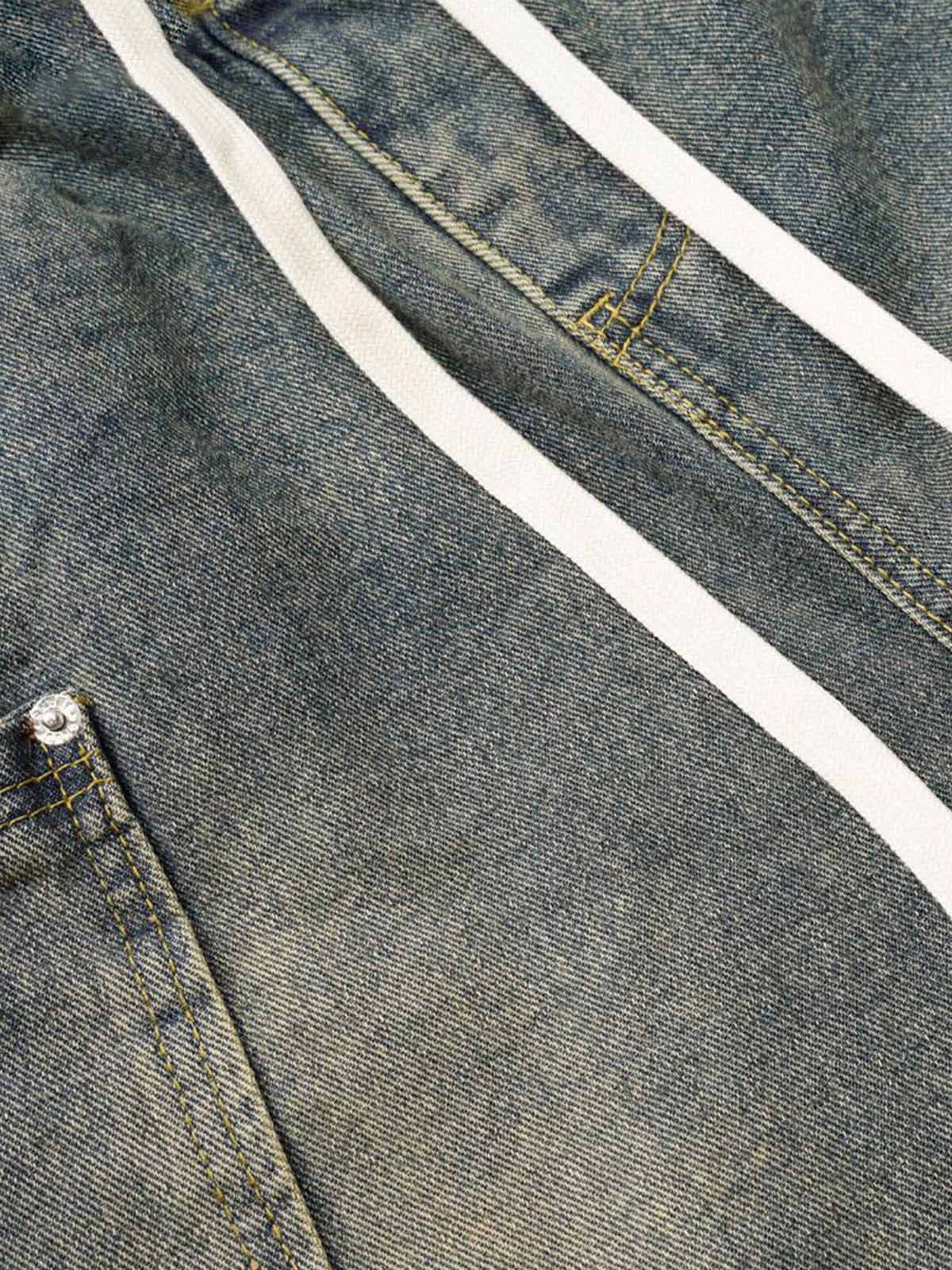 Washed Distressed Split Drawstring Barrel Jeans 