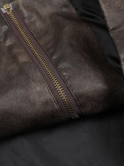 Thesupermade Distressed Letter Embroidery Motorcycle PU Leather Jacket 