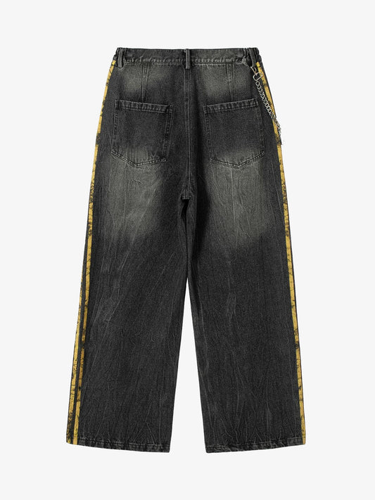 Distressed Striped Side Chain Patchwork Ripped Straight Jeans - 2391 