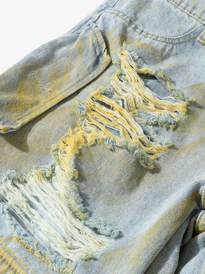 Distressed Tie-Dye Denim Shorts 