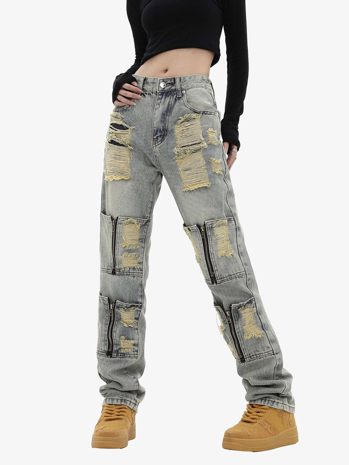 High Street Washed And Torn Work Pockets Denim Pants- 1646 