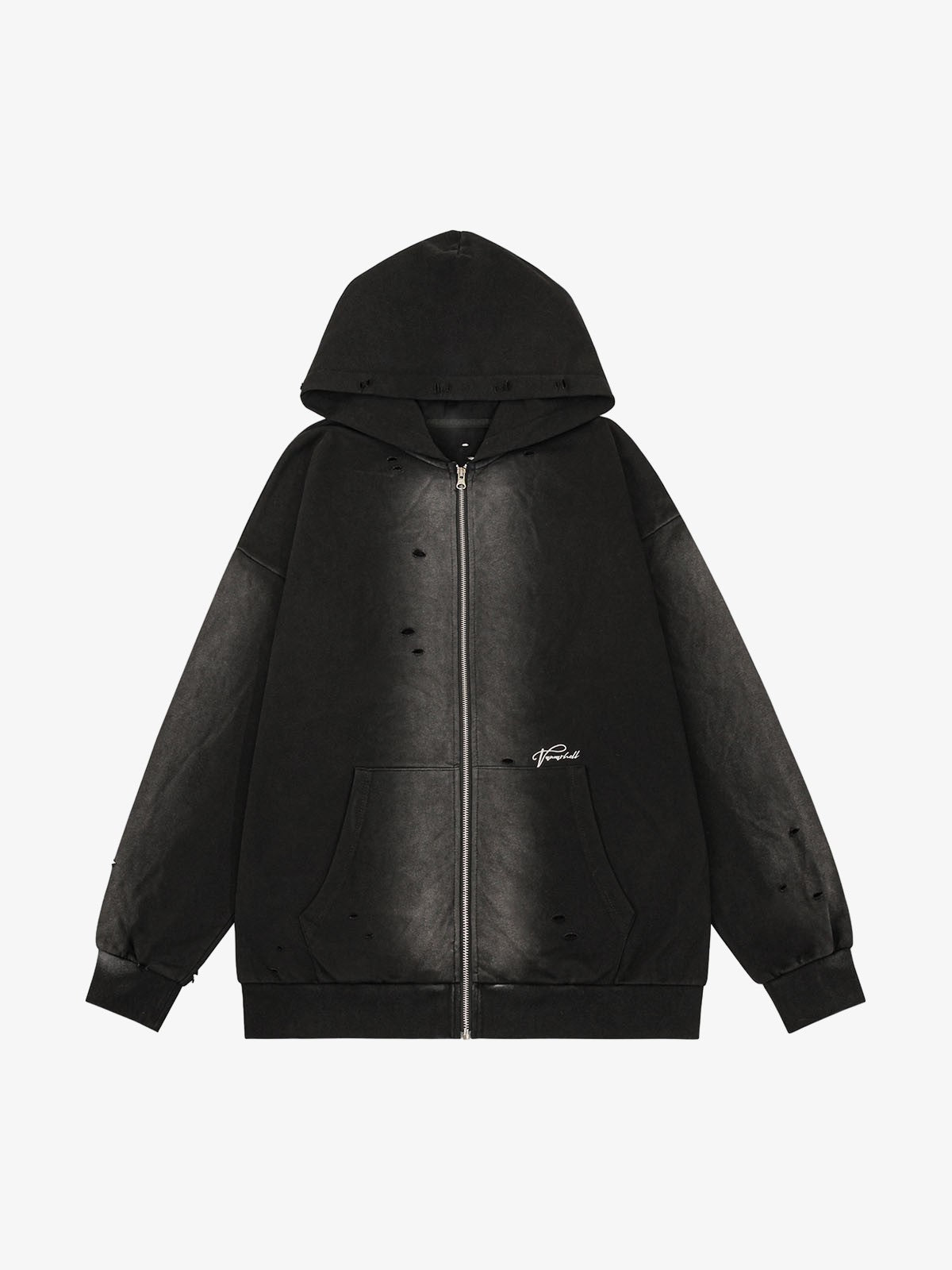 Washed Ripped Zip Up Hoodie 