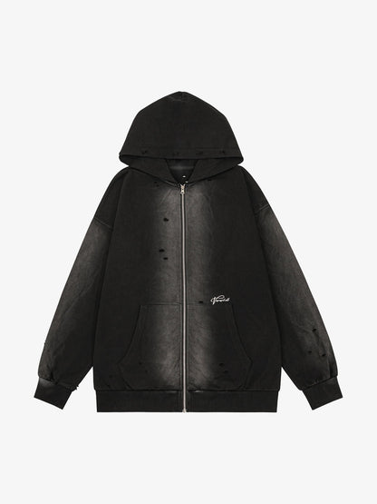Washed Ripped Zip Up Hoodie 
