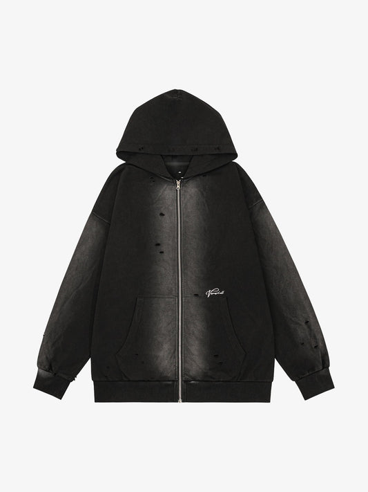 Washed Ripped Zip Up Hoodie 