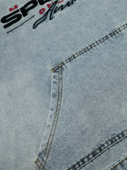 Embroidered Washed Distressed Denim Hoodie 
