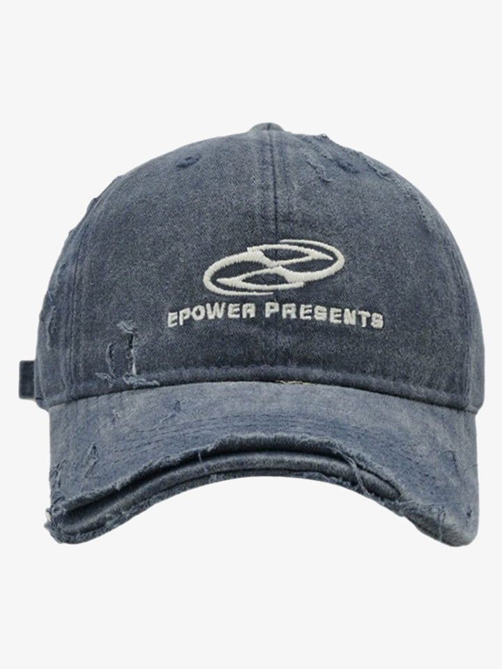 Navy distressed denim baseball cap with an embroidered logo