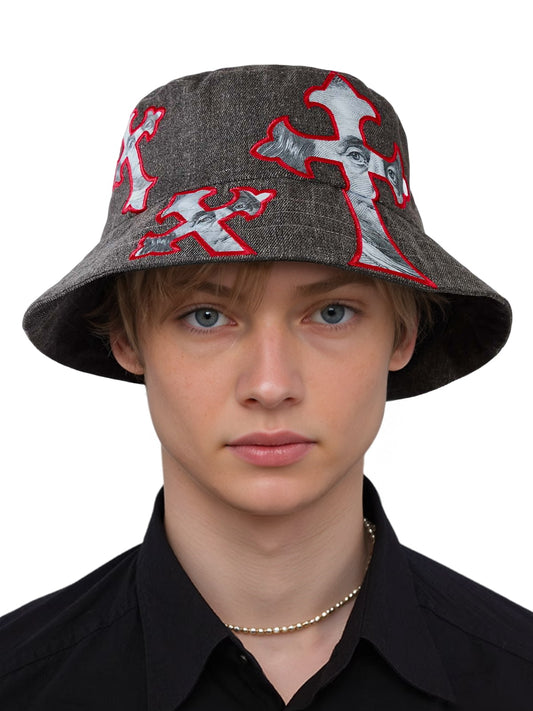 Cross And Portrait Denim Bucket Hat 