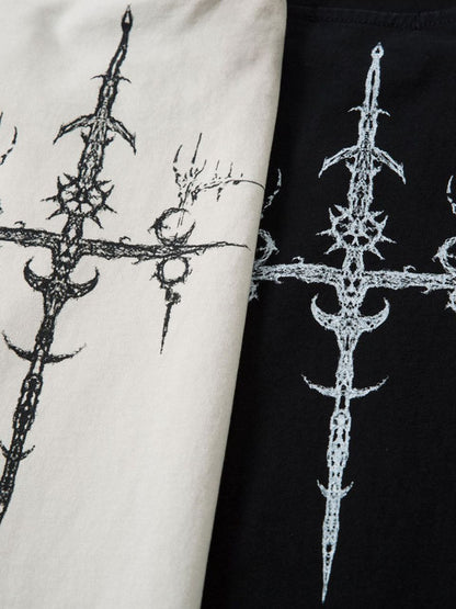 Heavy Cotton Washed Cross Shield Print T-shirt 