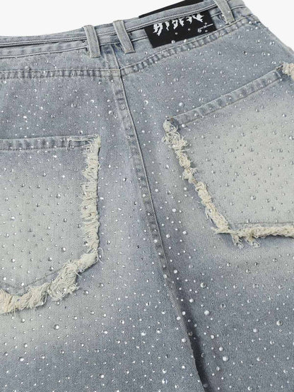Distressed Rhinestone Denim Jorts - 2454 