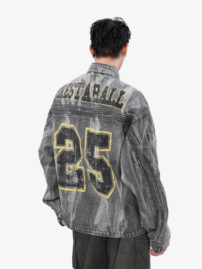 Thesupermade Hip-hop Distressed Washed Printed Denim Jacket - 2239 