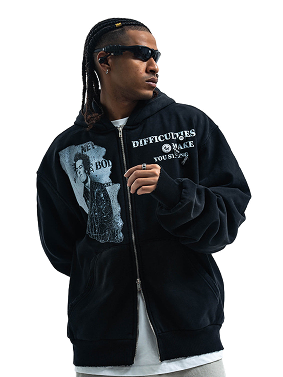Washed Distressed Retro Portrait Print Double Zipper Hoodie 