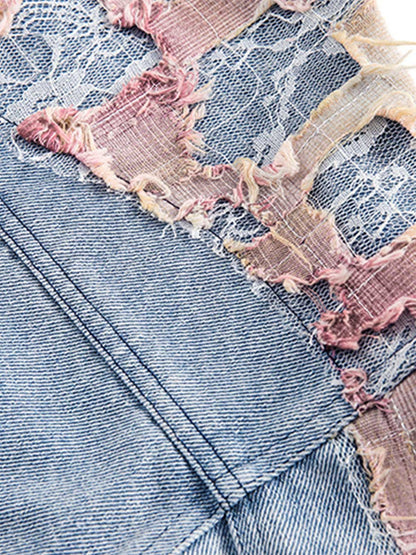 Thesupermade American Street Style Lace Patchwork Denim Jacket 