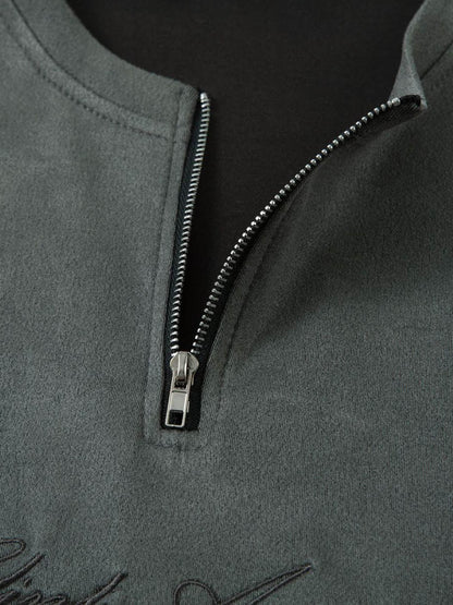 Retro Quarter Zip Up Suede Embroidered T-shirt 