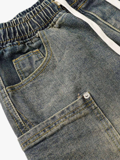 Washed Distressed Split Drawstring Barrel Jeans 